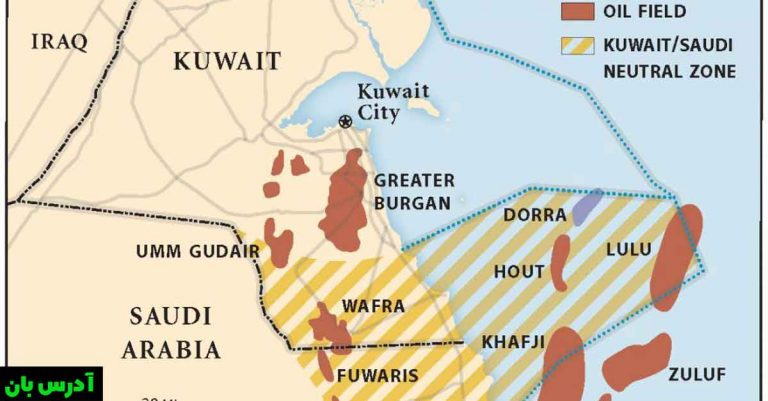 نقشه ای از وزارت نفت کویت که میدان نفتی و گازی آرش/دورا را در نزدیکی نوک خلیج فارس نشان می دهد.